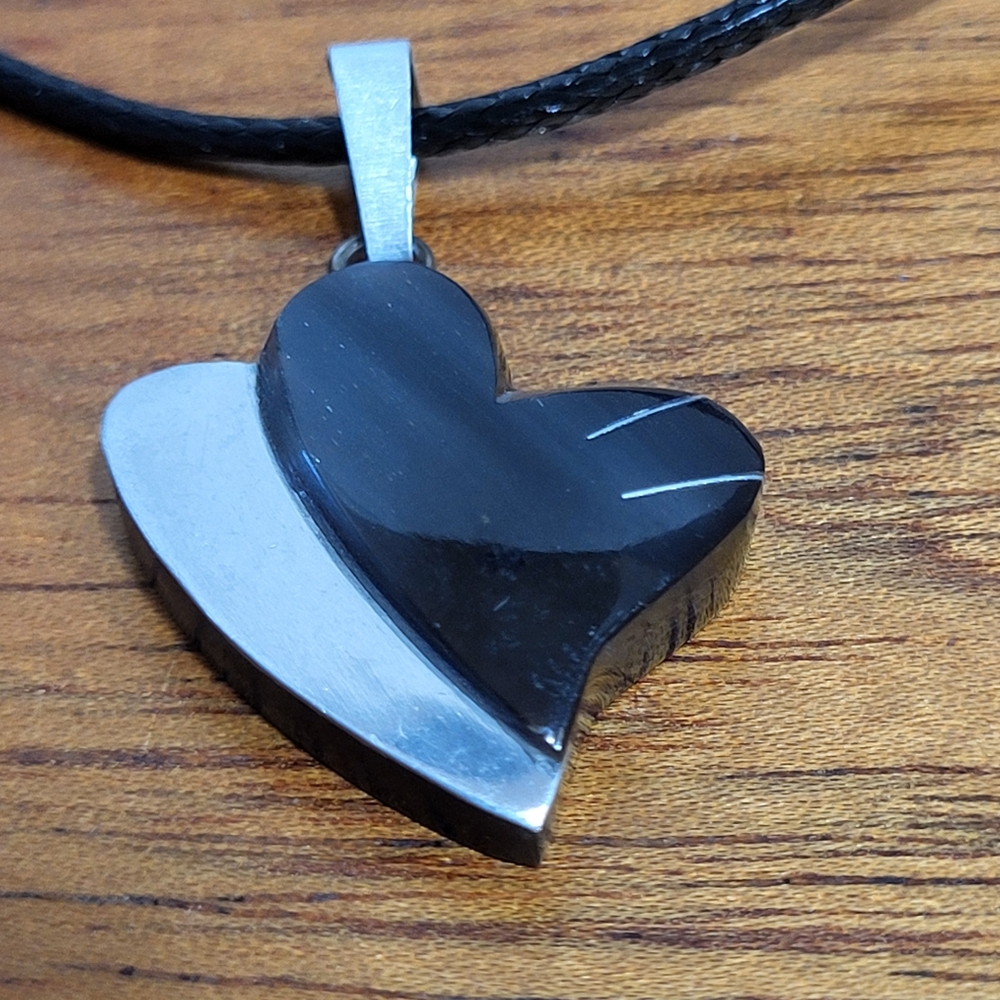 Vintage Carved Smokey Black with Applied Inlayed Silver Tone Metal Heart Pendant
